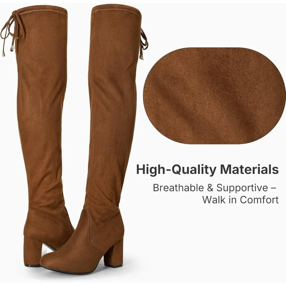 Women's Brown Suede Chunky Heels Zipper Over The Knee High Adjustable Boots